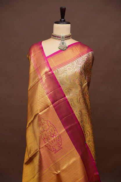 Gold with Pink Pure Tissue Kanchipuram Silk Saree|Silk Mark Certified