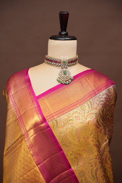 Gold with Pink Pure Tissue Kanchipuram Silk Saree|Silk Mark Certified