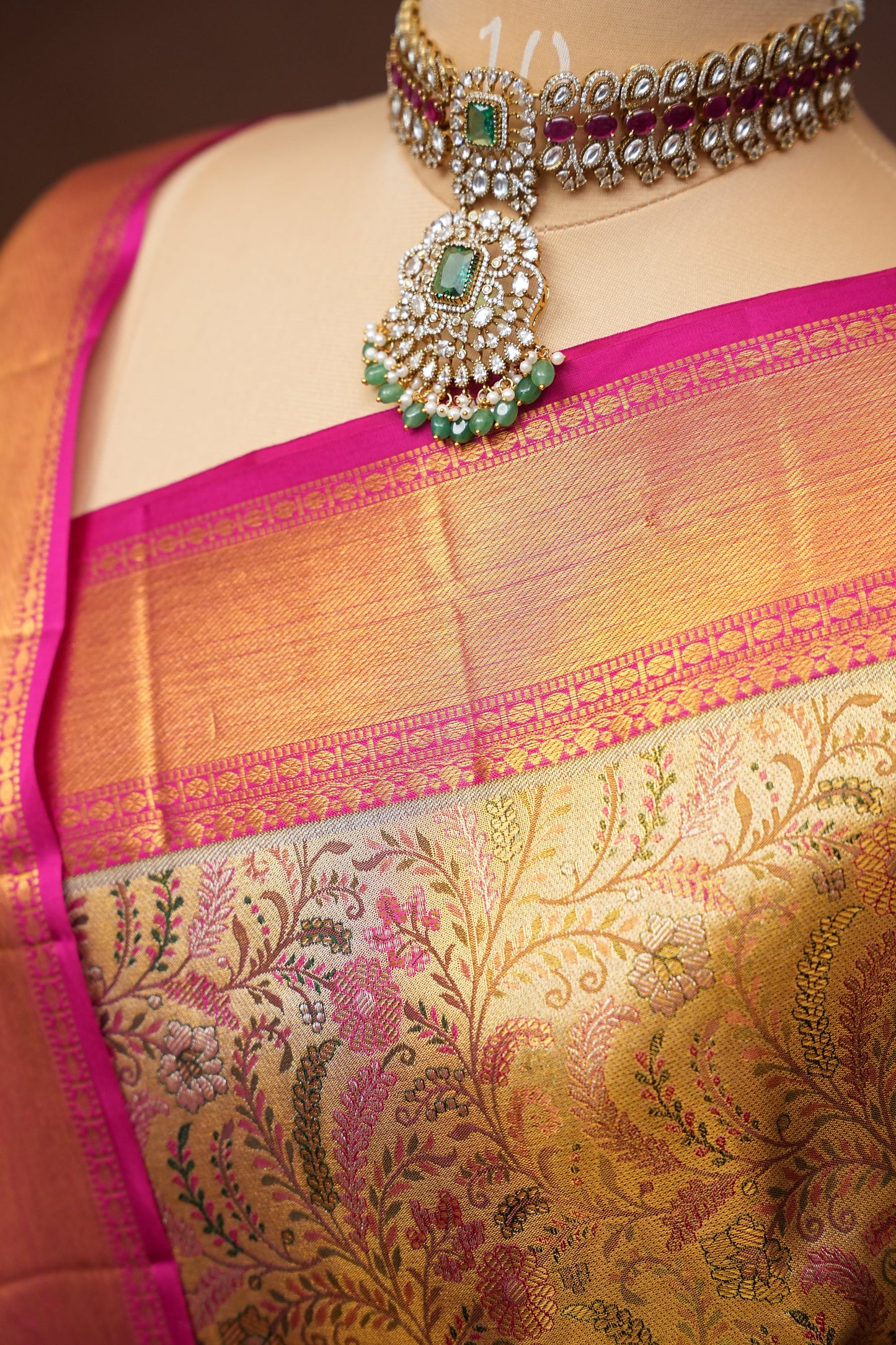 Gold with Pink Pure Tissue Kanchipuram Silk Saree|Silk Mark Certified