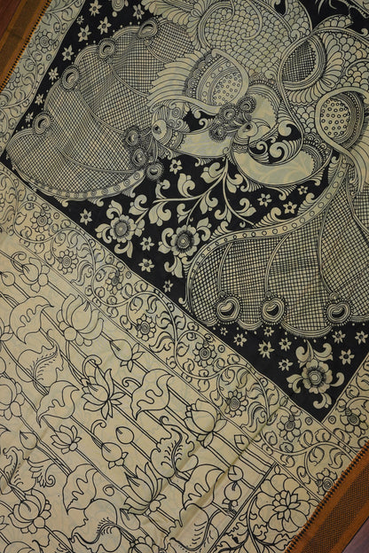 Pure Bangalore Silk Saree with Monochrome Hand-Painted Kalamkari & Nizam Border – Ivory & Black
