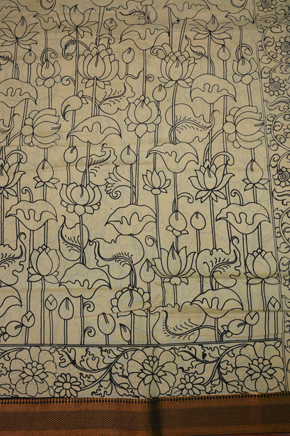 Pure Bangalore Silk Saree with Monochrome Hand-Painted Kalamkari & Nizam Border – Ivory & Black