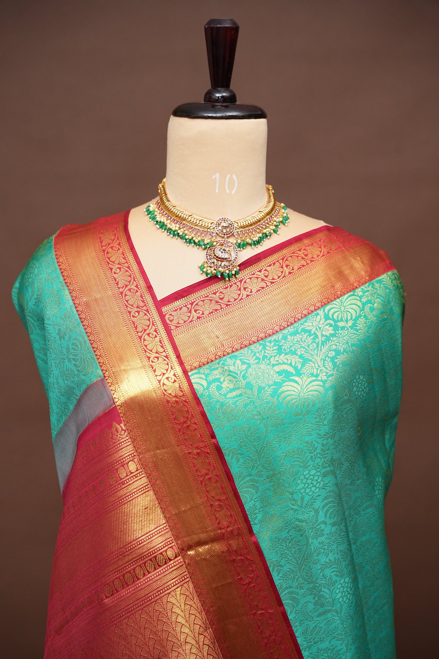 Rama Green & Red Pure Kanchipuram Silk Saree with 1 Gram Gold Zari Weave|Silk Mark Certified
