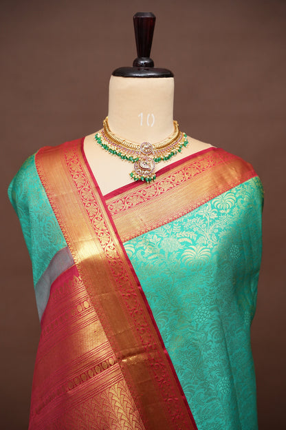 Rama Green & Red Pure Kanchipuram Silk Saree with 1 Gram Gold Zari Weave|Silk Mark Certified