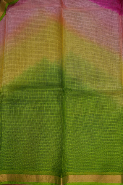 Silk Kota Multicolor Saree - Lime Green, Peach & Pink Blend