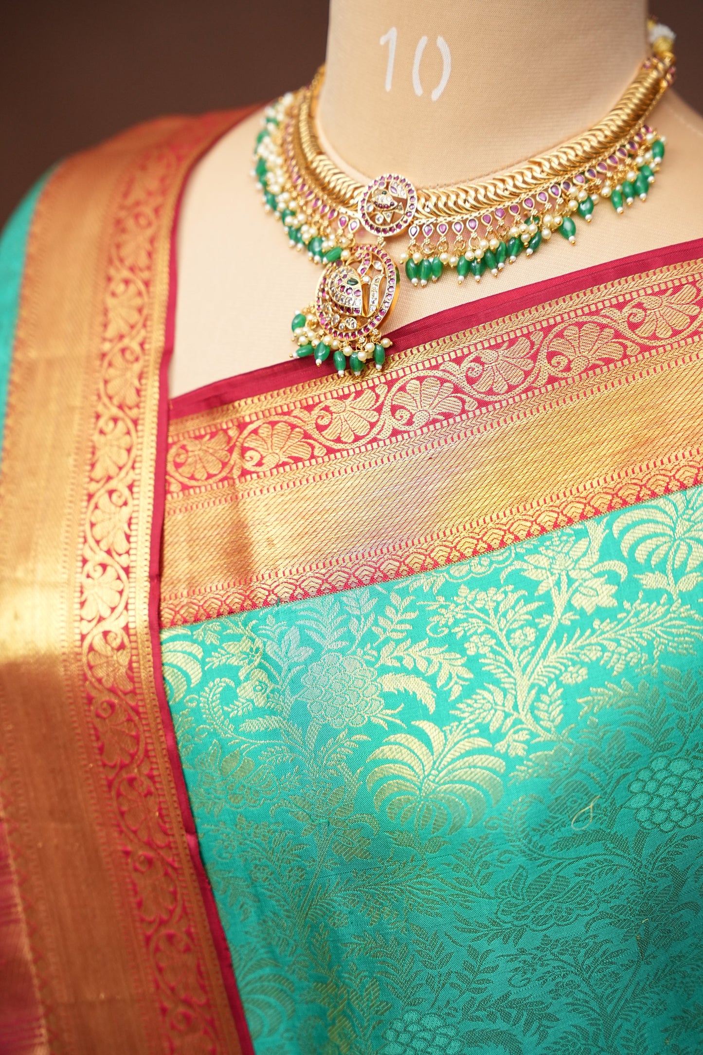 Rama Green & Red Pure Kanchipuram Silk Saree with 1 Gram Gold Zari Weave|Silk Mark Certified