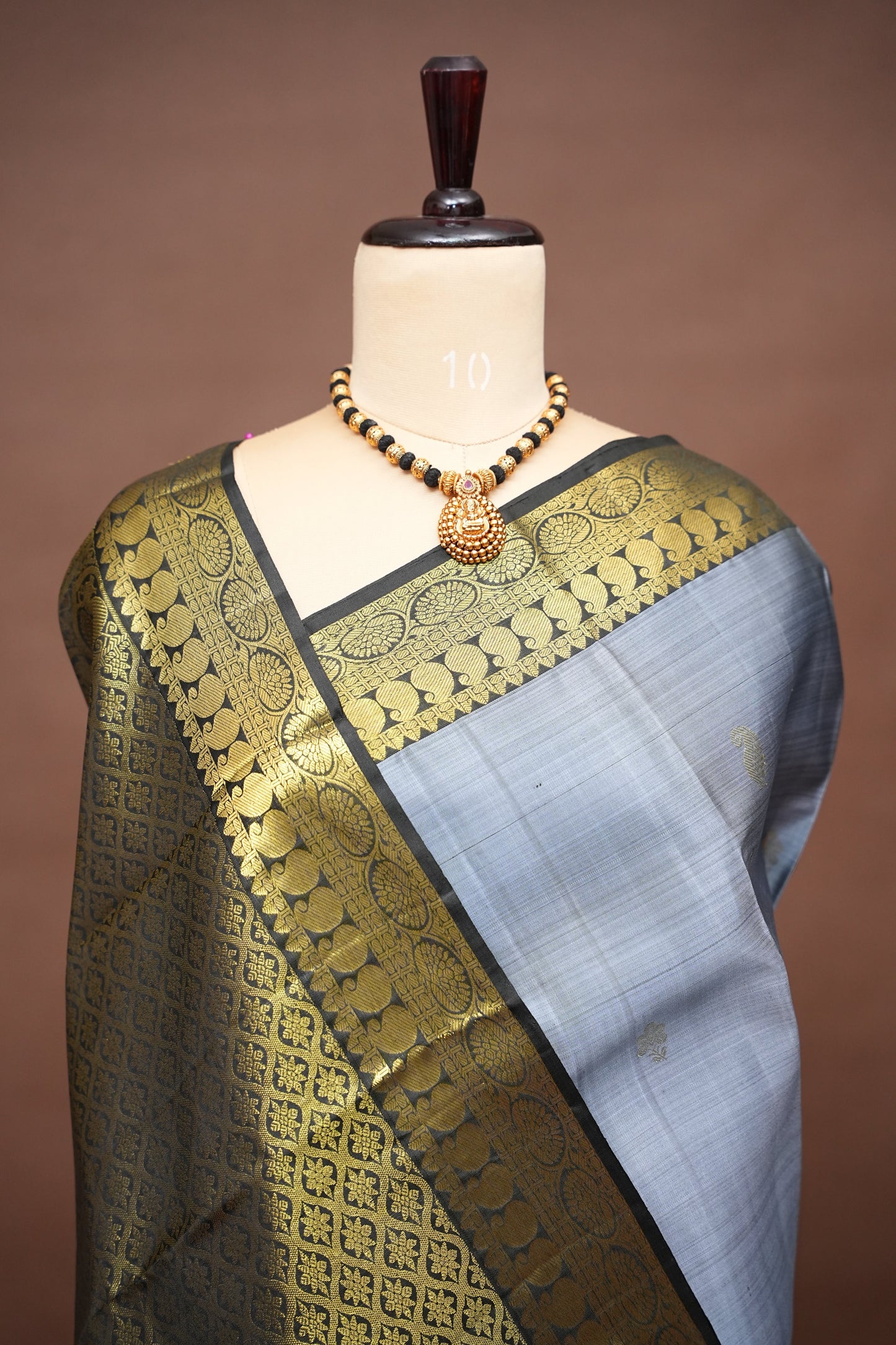 Grey & Black Pure Kanchipuram Silk Saree|Silk Mark Certified