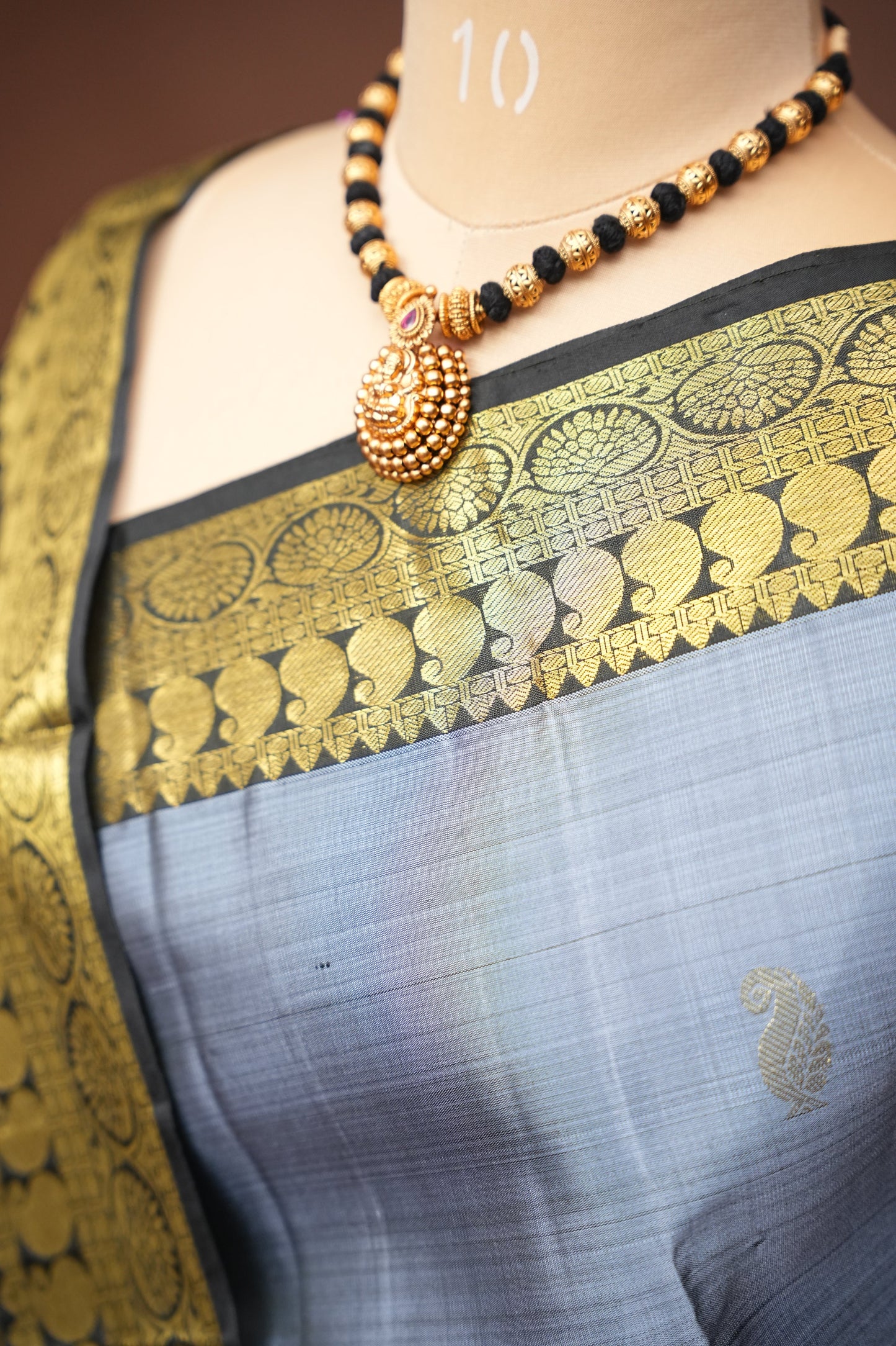 Grey & Black Pure Kanchipuram Silk Saree|Silk Mark Certified