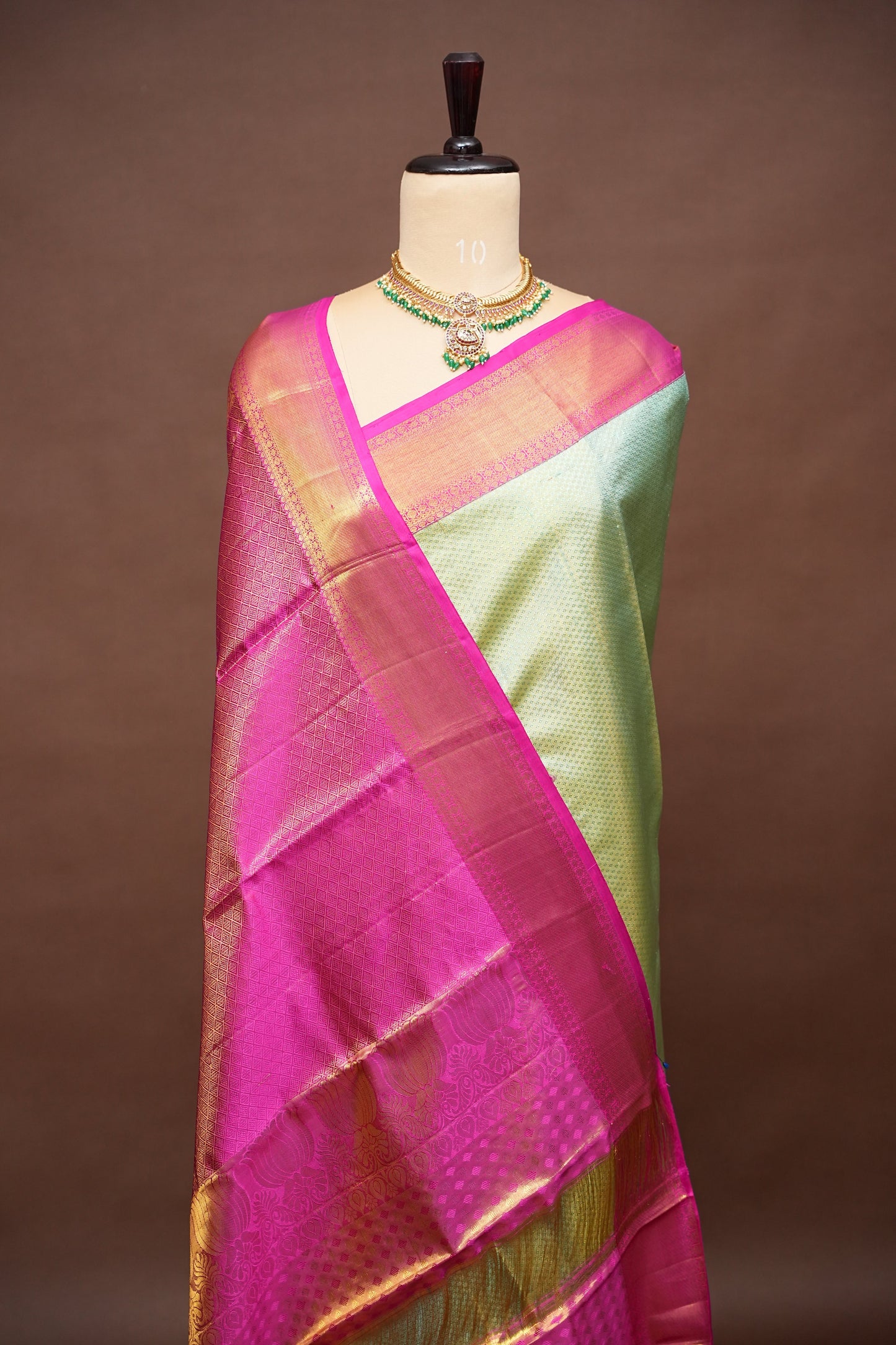 Pastel Mint Green & Hot Pink Pure Tissue Kanchipuram Silk Saree|Silk Mark Certified