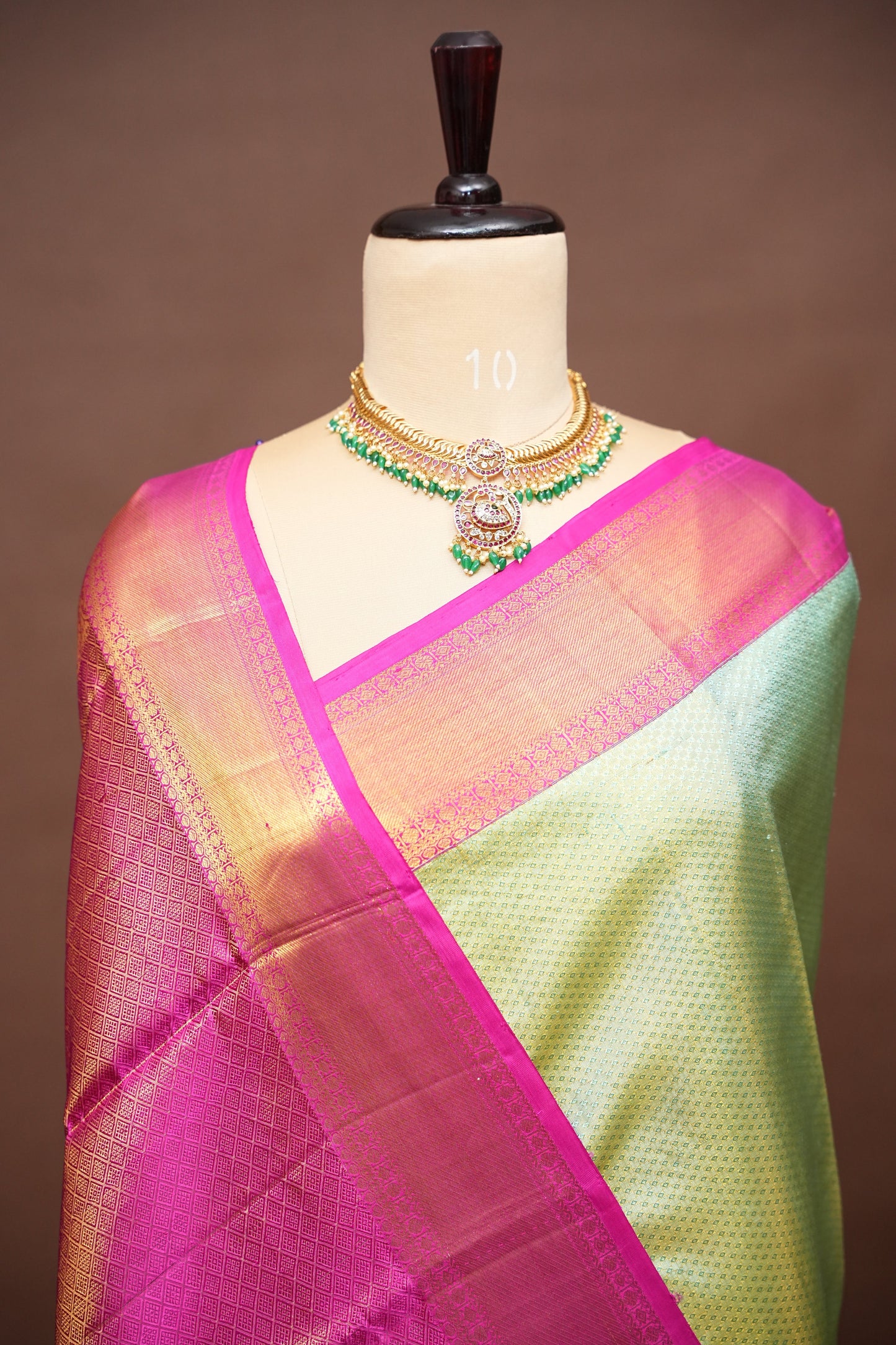 Pastel Mint Green & Hot Pink Pure Tissue Kanchipuram Silk Saree|Silk Mark Certified