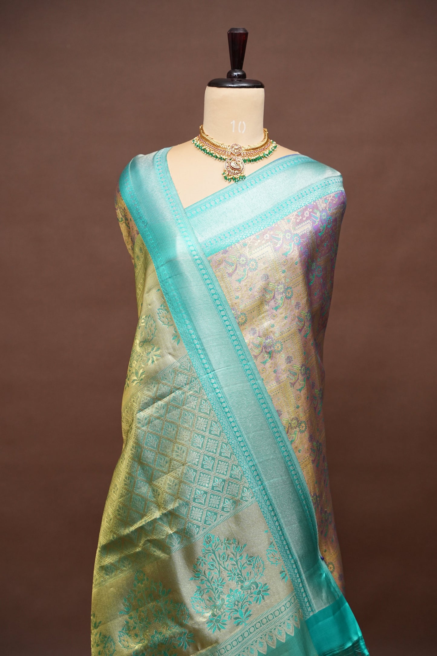 Pure Tissue Kanchipuram Silk Saree - Dusty Lavender Gold with Peacock Teal| Silk Mark Certified