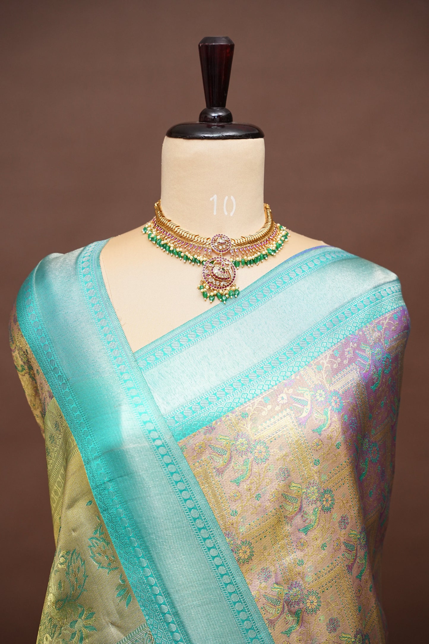 Pure Tissue Kanchipuram Silk Saree - Dusty Lavender Gold with Peacock Teal| Silk Mark Certified