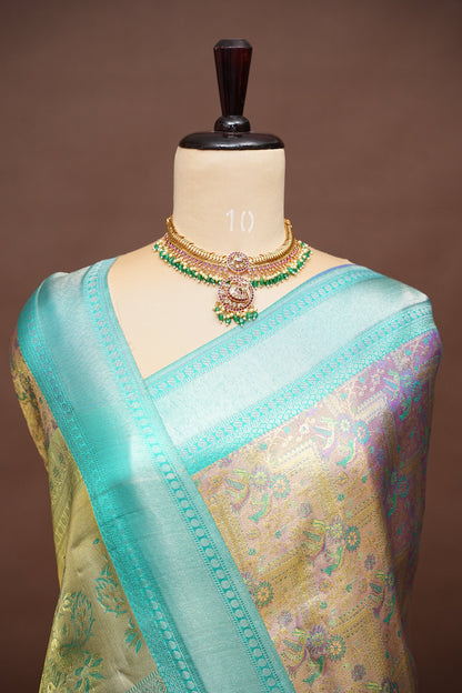 Pure Tissue Kanchipuram Silk Saree - Dusty Lavender Gold with Peacock Teal| Silk Mark Certified