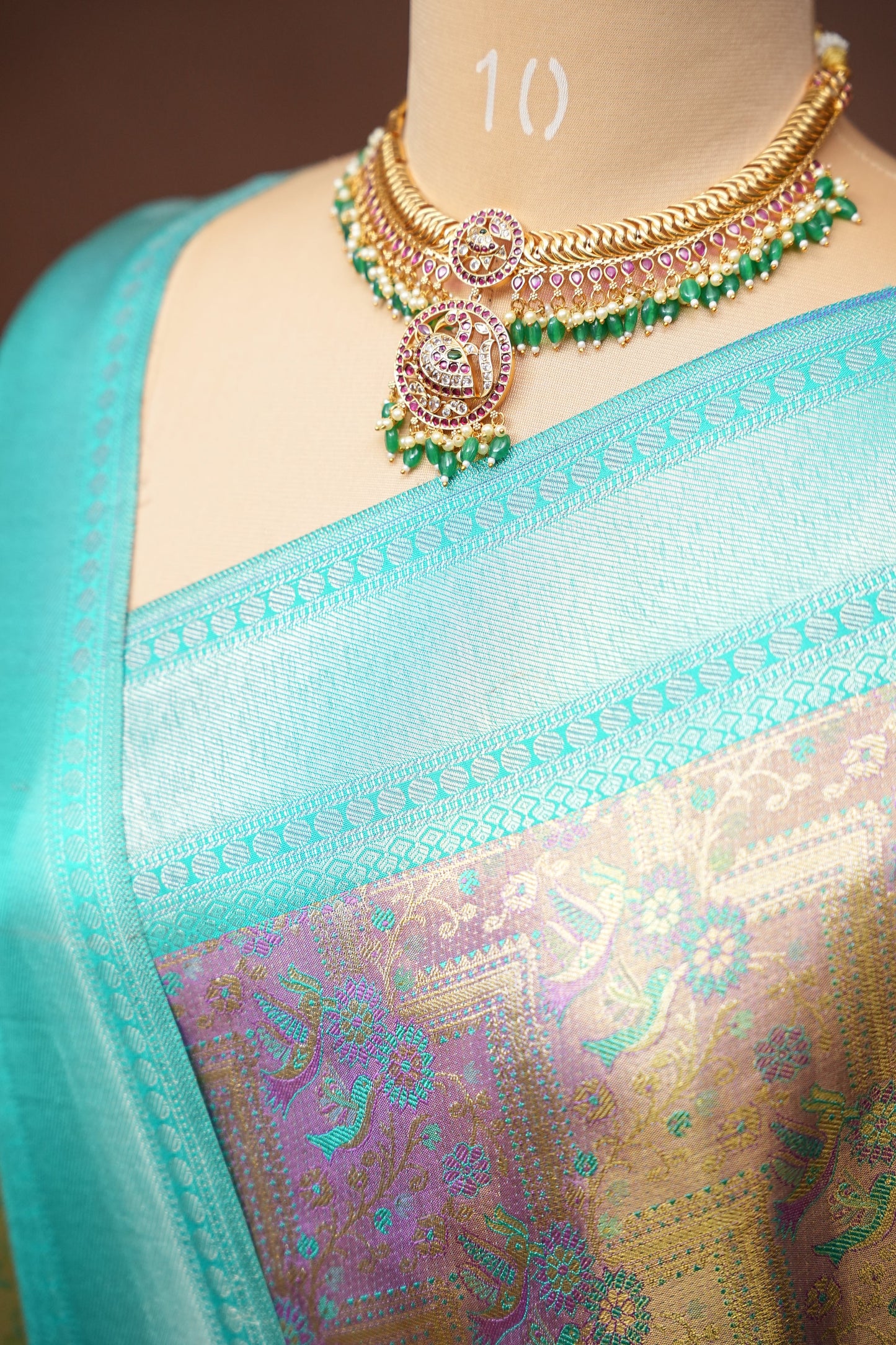 Pure Tissue Kanchipuram Silk Saree - Dusty Lavender Gold with Peacock Teal| Silk Mark Certified