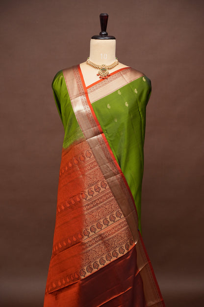 Pure Soft Silk Saree - Oliver Green & Rust| Silk Mark Certified