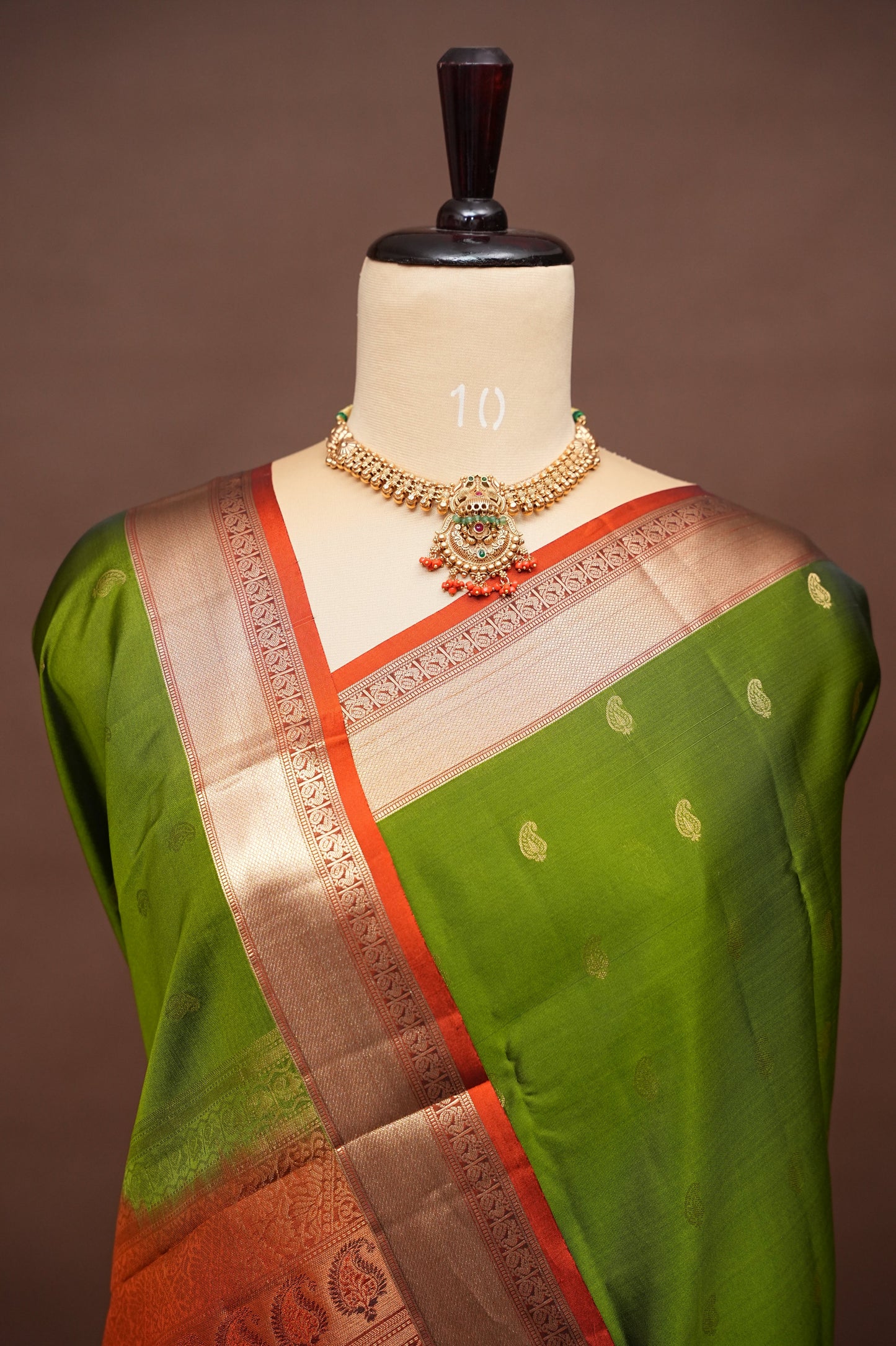 Pure Soft Silk Saree - Oliver Green & Rust| Silk Mark Certified