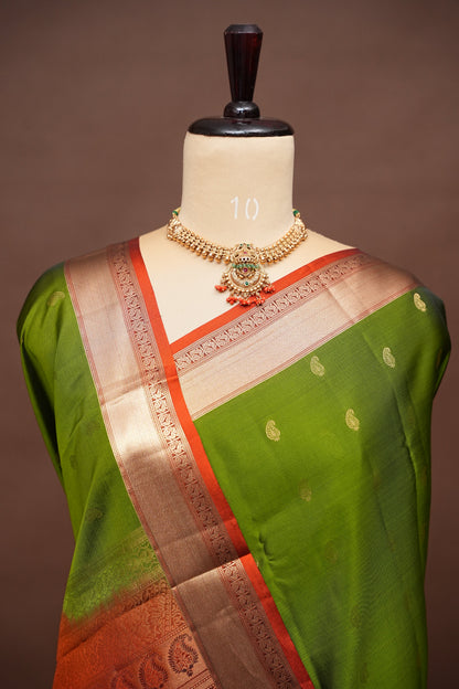 Pure Soft Silk Saree - Oliver Green & Rust| Silk Mark Certified