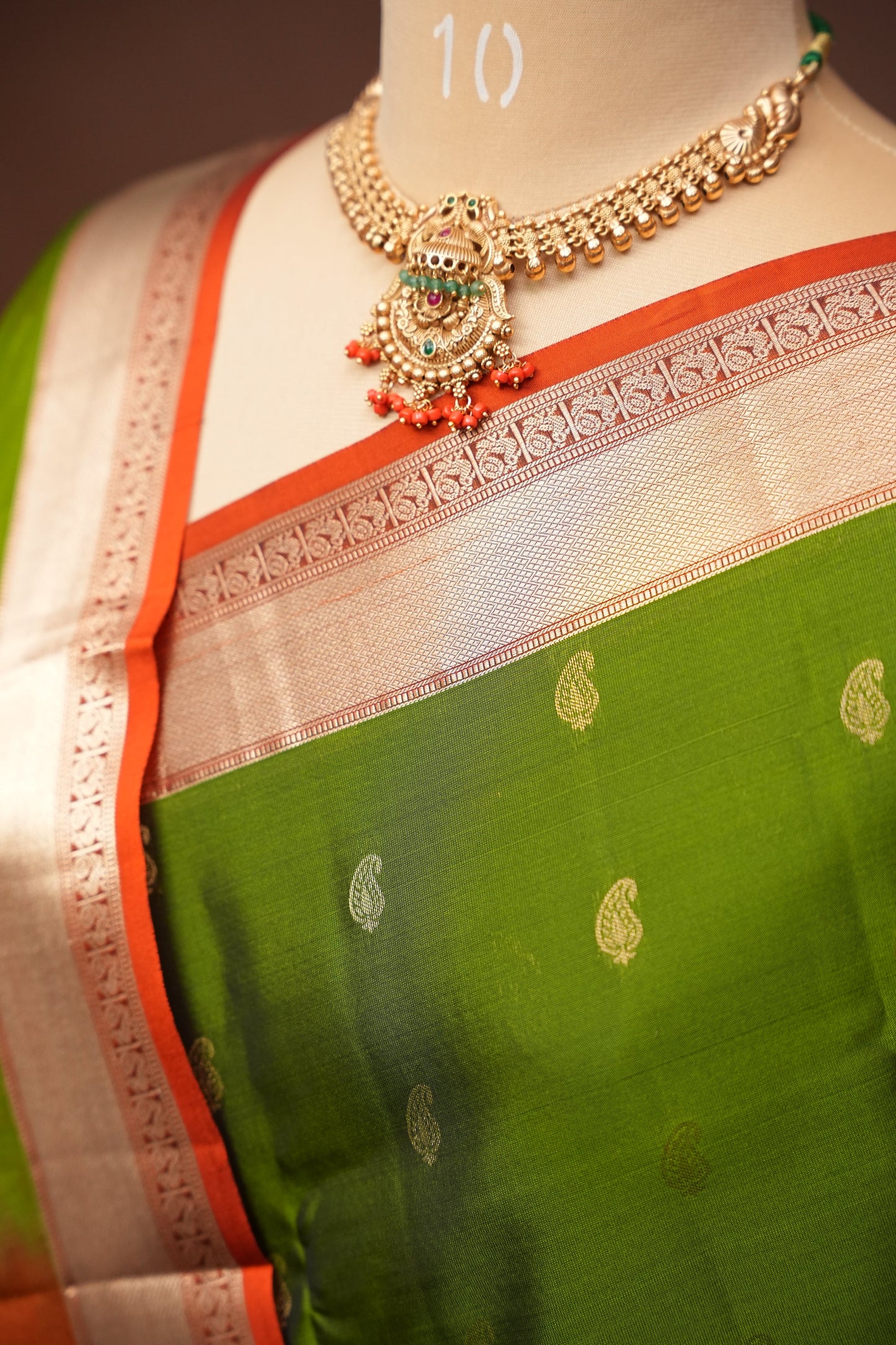 Pure Soft Silk Saree - Oliver Green & Rust| Silk Mark Certified