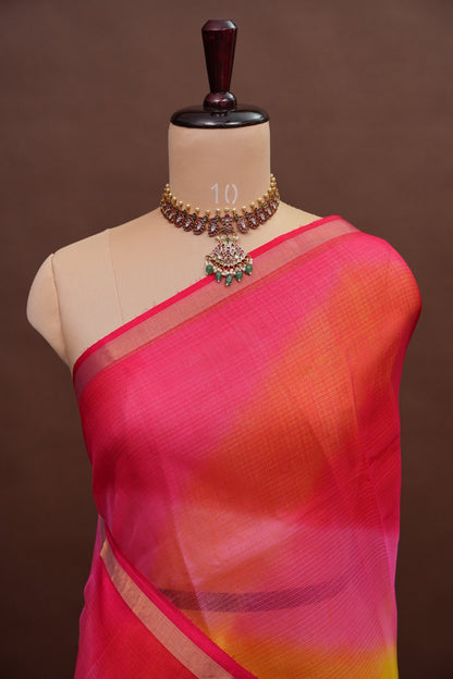 Silk Kota Multicolor Saree - Pink, Orange and Yellow Blend