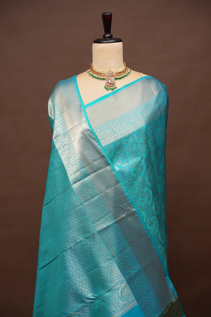 Pure Kanchipuram Brocade Silk Saree - Turquoise Blue| Silk Mark Certified