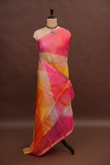 Silk Kota Multicolor Saree - Coral Pink, Orange & Yellow Blend