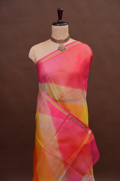 Silk Kota Multicolor Saree - Coral Pink, Orange & Yellow Blend
