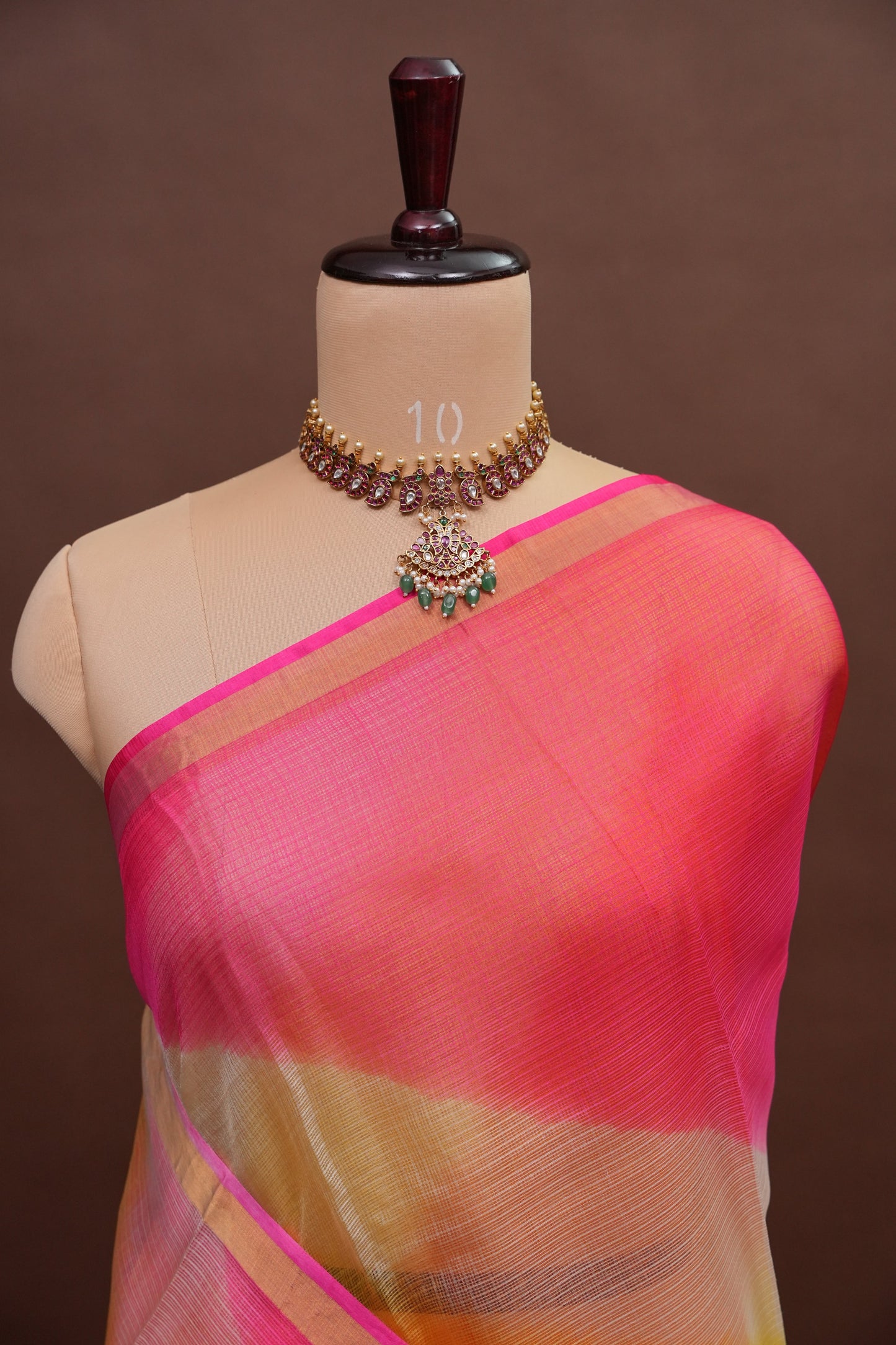 Silk Kota Multicolor Saree - Coral Pink, Orange & Yellow Blend
