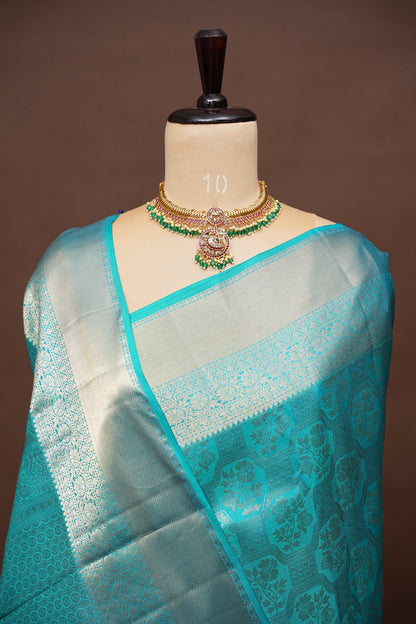 Pure Kanchipuram Brocade Silk Saree - Turquoise Blue| Silk Mark Certified