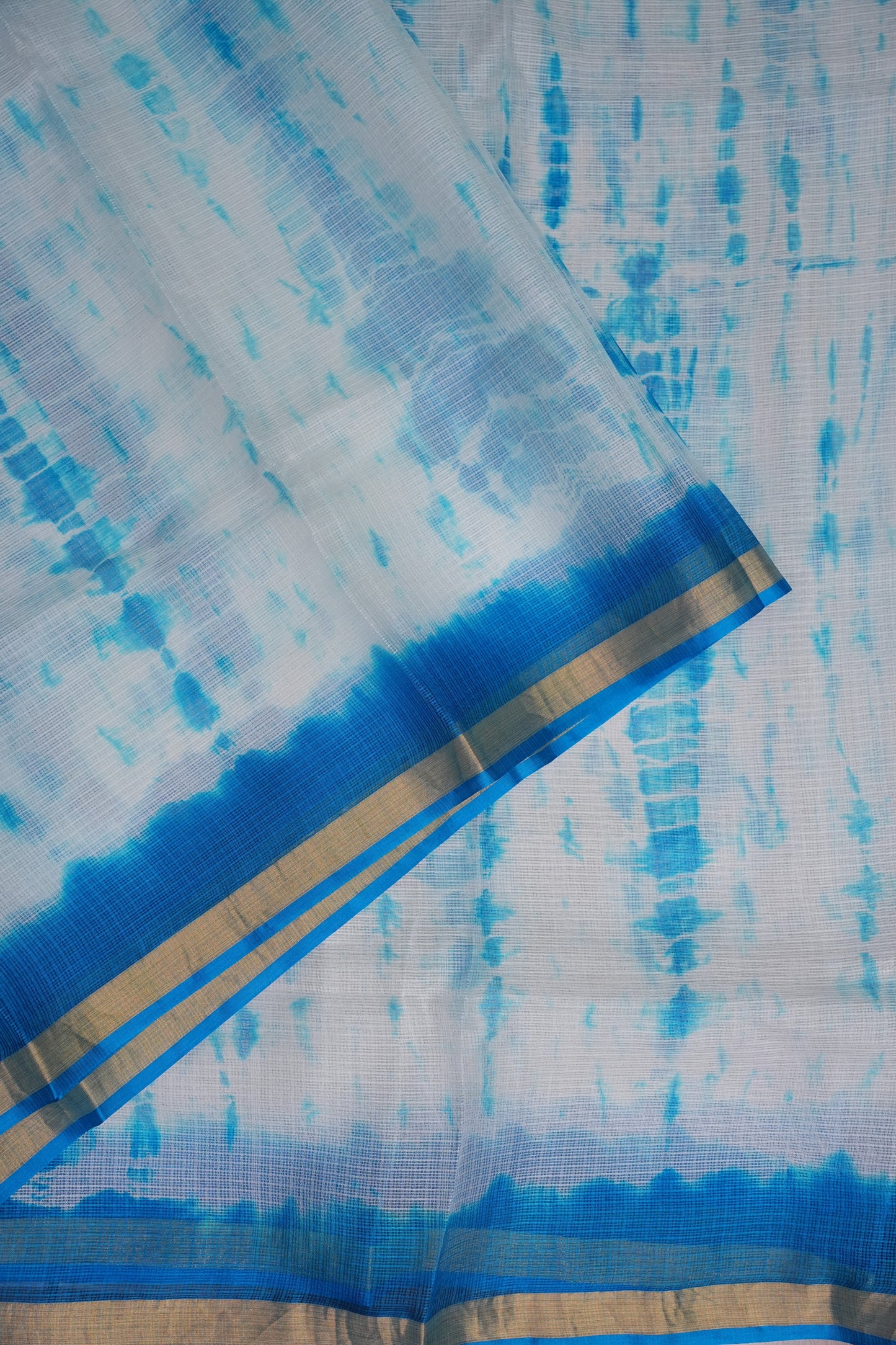 Silk Kota Shibori Tie & Dye Saree - Blue & White