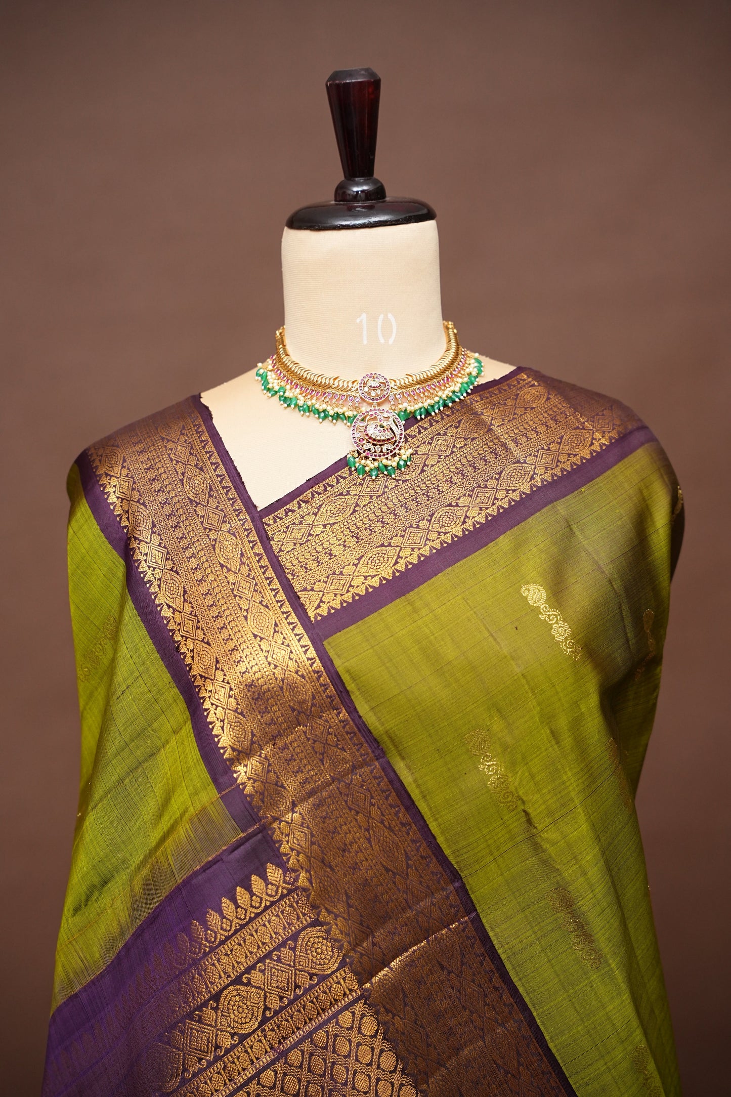 Pure Kanchipuram Silk Saree - Olive Green & Coffee| Silk Mark Certified