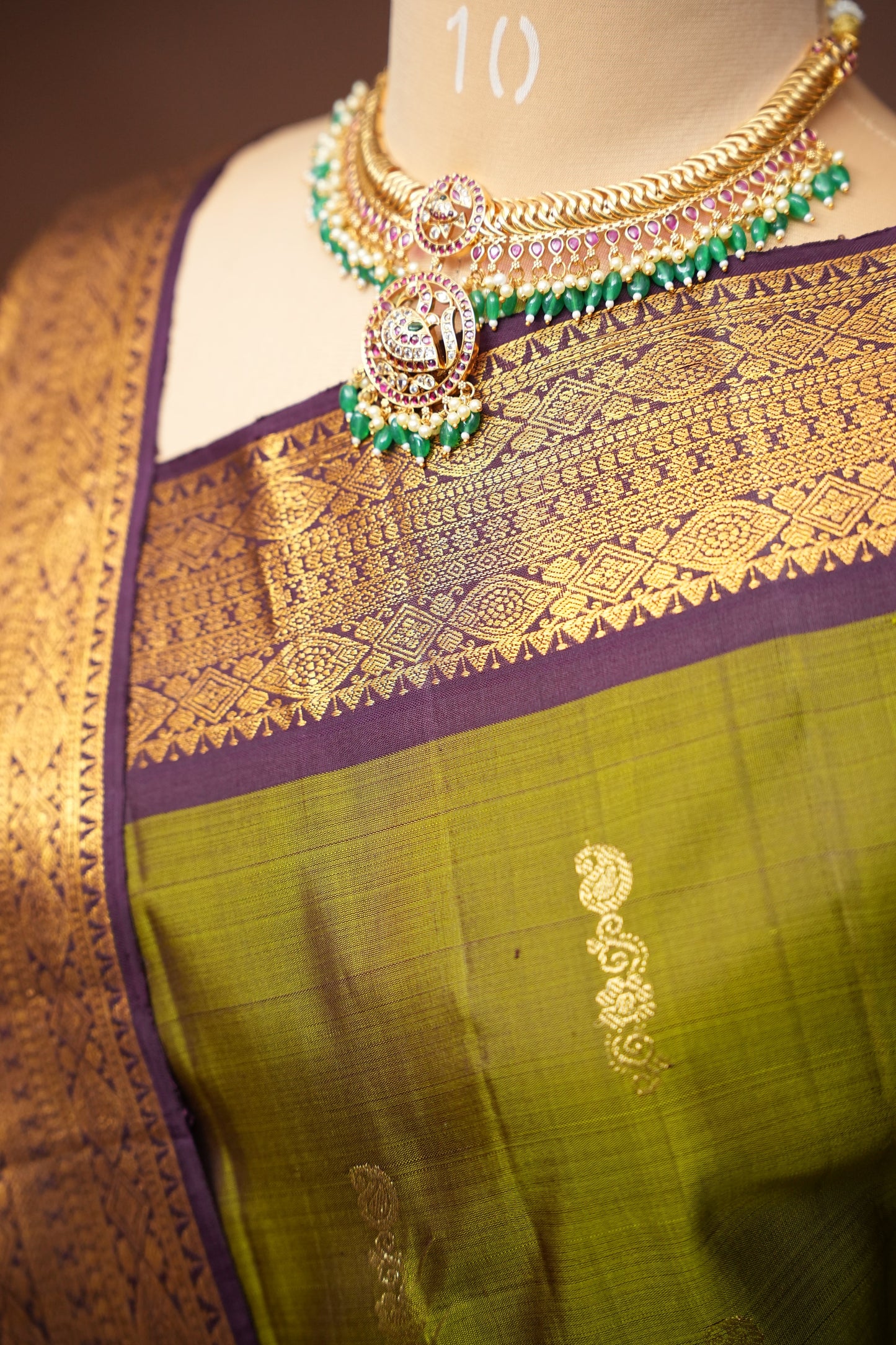 Pure Kanchipuram Silk Saree - Olive Green & Coffee| Silk Mark Certified