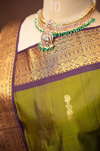 Pure Kanchipuram Silk Saree - Olive Green & Coffee| Silk Mark Certified