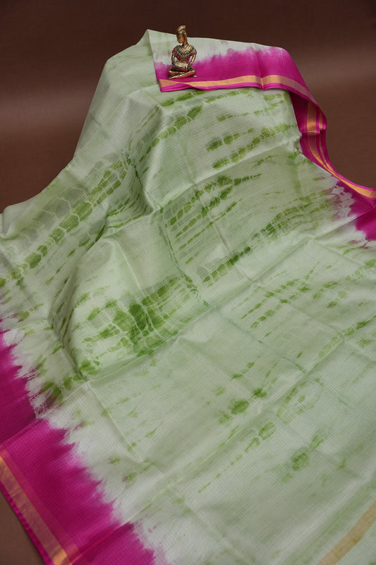 Silk Kota Shibori Tie & Dye Saree - Leaf Green & Pink