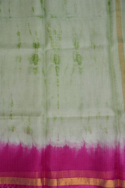 Silk Kota Shibori Tie & Dye Saree - Leaf Green & Pink