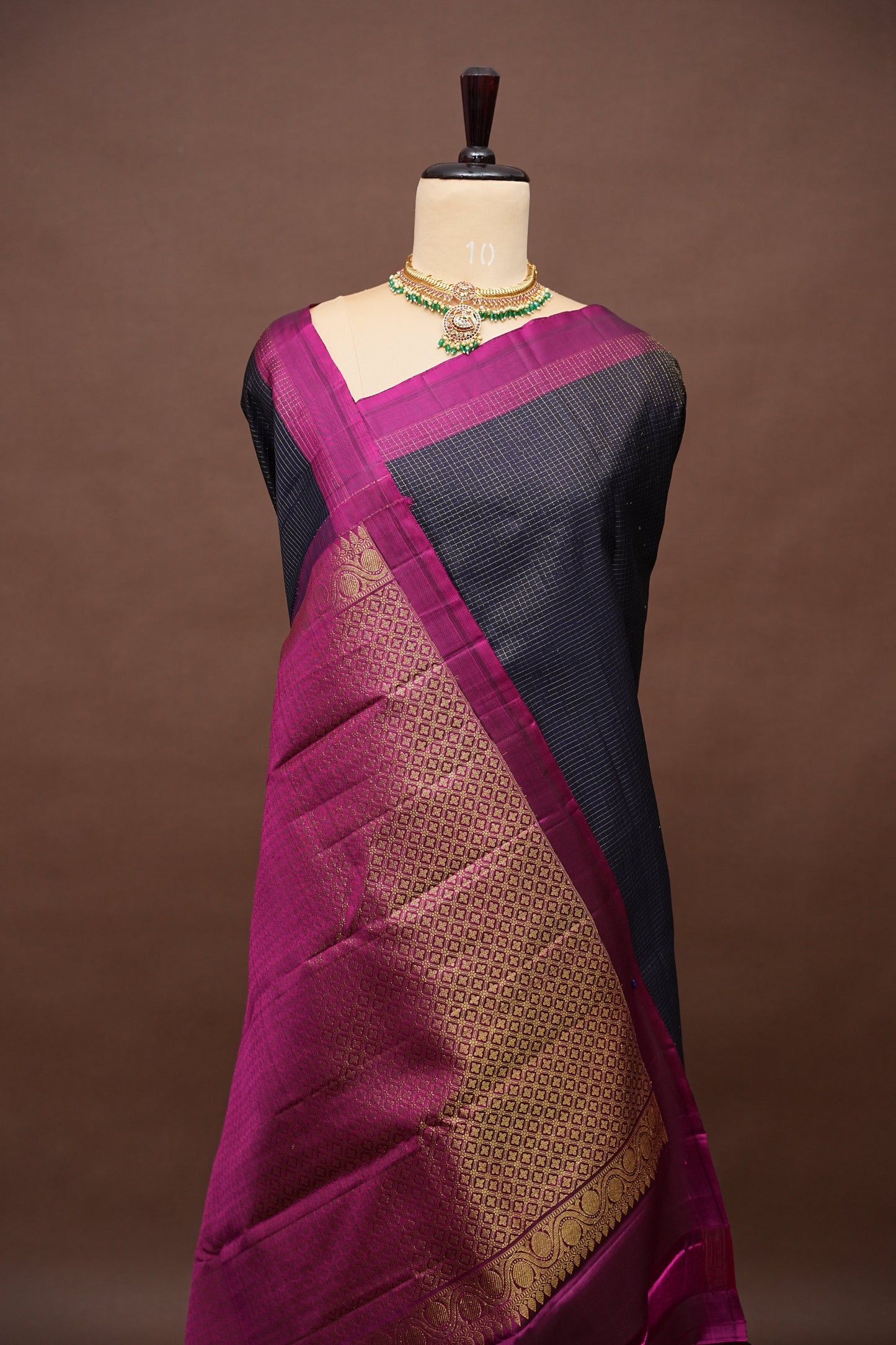 Pure Kanchipuram Brocade Silk Saree - Deep Navy Blue & Purple Border| Silk Mark Certified