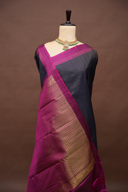 Pure Kanchipuram Brocade Silk Saree - Deep Navy Blue & Purple Border| Silk Mark Certified