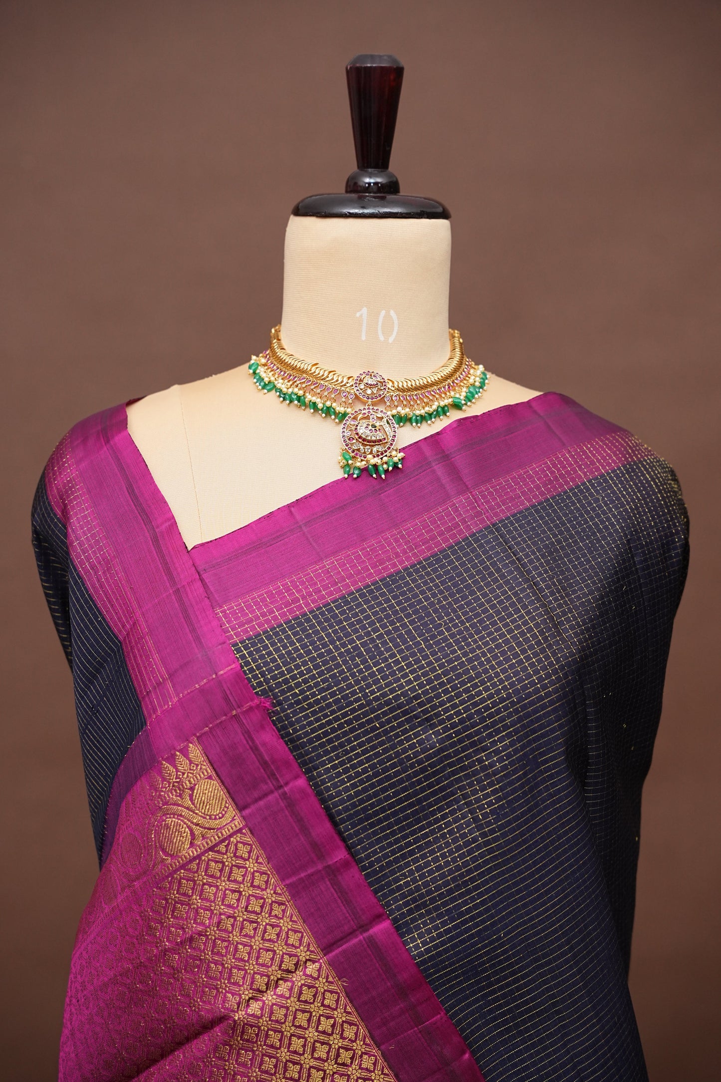 Pure Kanchipuram Brocade Silk Saree - Deep Navy Blue & Purple Border| Silk Mark Certified