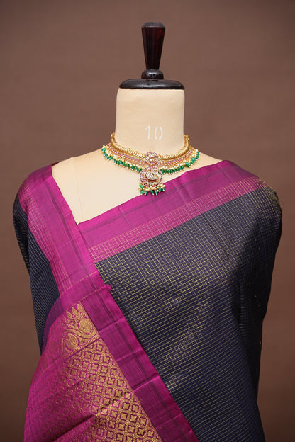 Pure Kanchipuram Brocade Silk Saree - Deep Navy Blue & Purple Border| Silk Mark Certified