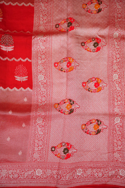 Mellow Tissue & Banarasi Fusion Saree with Meenakari Detailing – Red