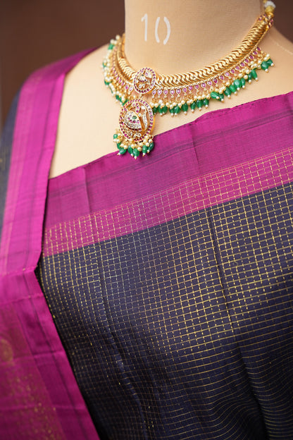 Pure Kanchipuram Brocade Silk Saree - Deep Navy Blue & Purple Border| Silk Mark Certified