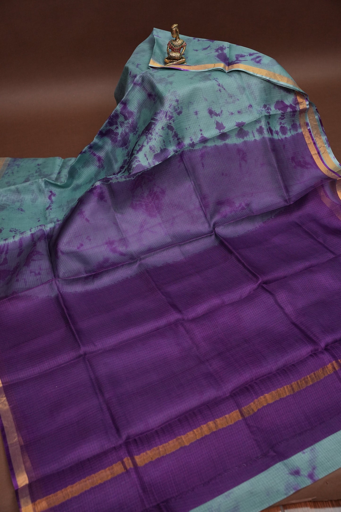 Silk Kota Shibori Tie & Dye Saree - Blue & Aubergine Purple