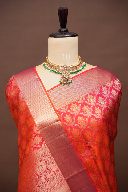 Pure Kanchipuram Brocade Silk Saree - Orange| Silk Mark Certified