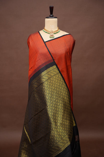 Rust Orange & Black Pure Kanchipuram Silk Saree|Silk Mark Certified
