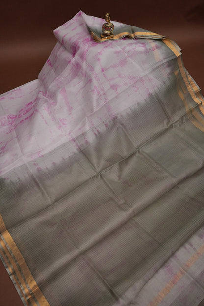 Silk Kota Shibori Tie & Dye Saree - Grey with Pink & White