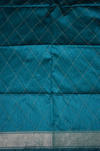 Raw Silk Saree with Katha Stitch – Teal Blue