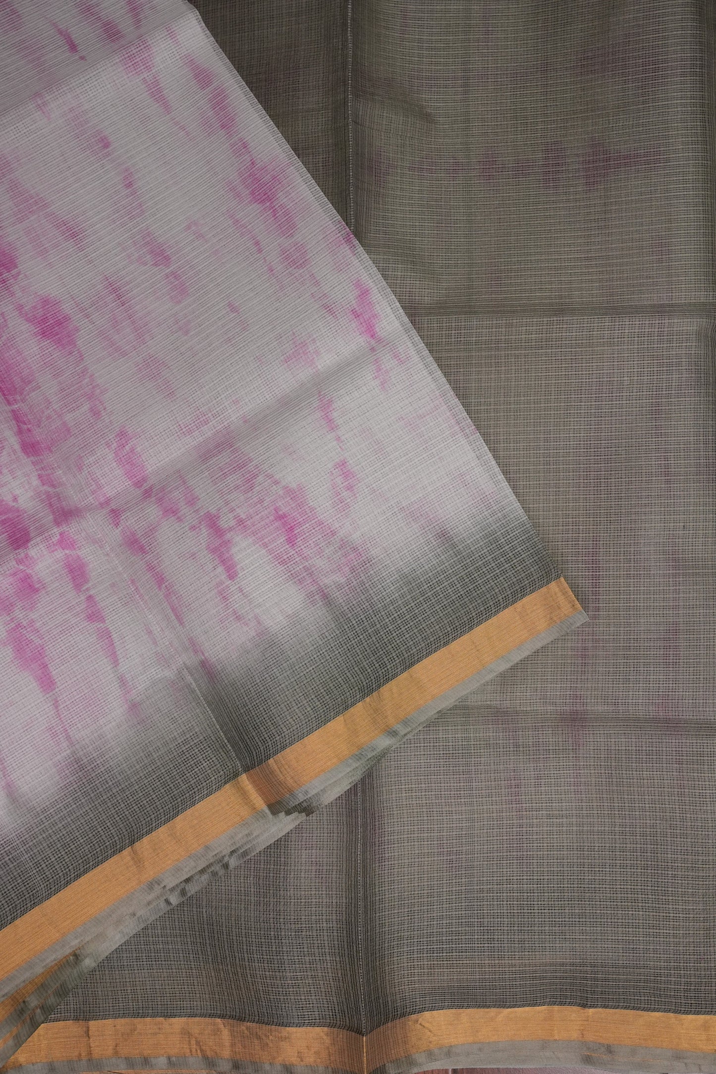 Silk Kota Shibori Tie & Dye Saree - Grey with Pink & White