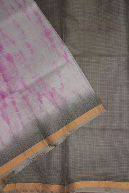 Silk Kota Shibori Tie & Dye Saree - Grey with Pink & White