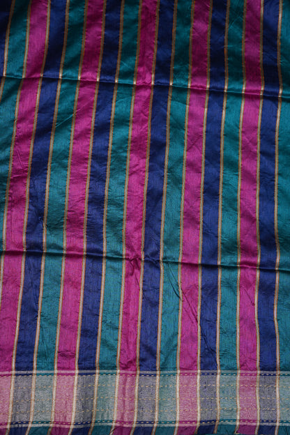 Raw Silk Saree with Katha Stitch – Teal Blue
