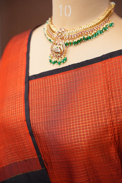 Rust Orange & Black Pure Kanchipuram Silk Saree|Silk Mark Certified