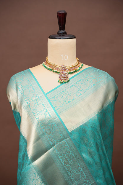Pure Kanchipuram Brocade Silk Saree - Soft Aqua Blue| Silk Mark Certified