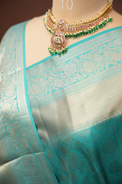 Pure Kanchipuram Brocade Silk Saree - Soft Aqua Blue| Silk Mark Certified